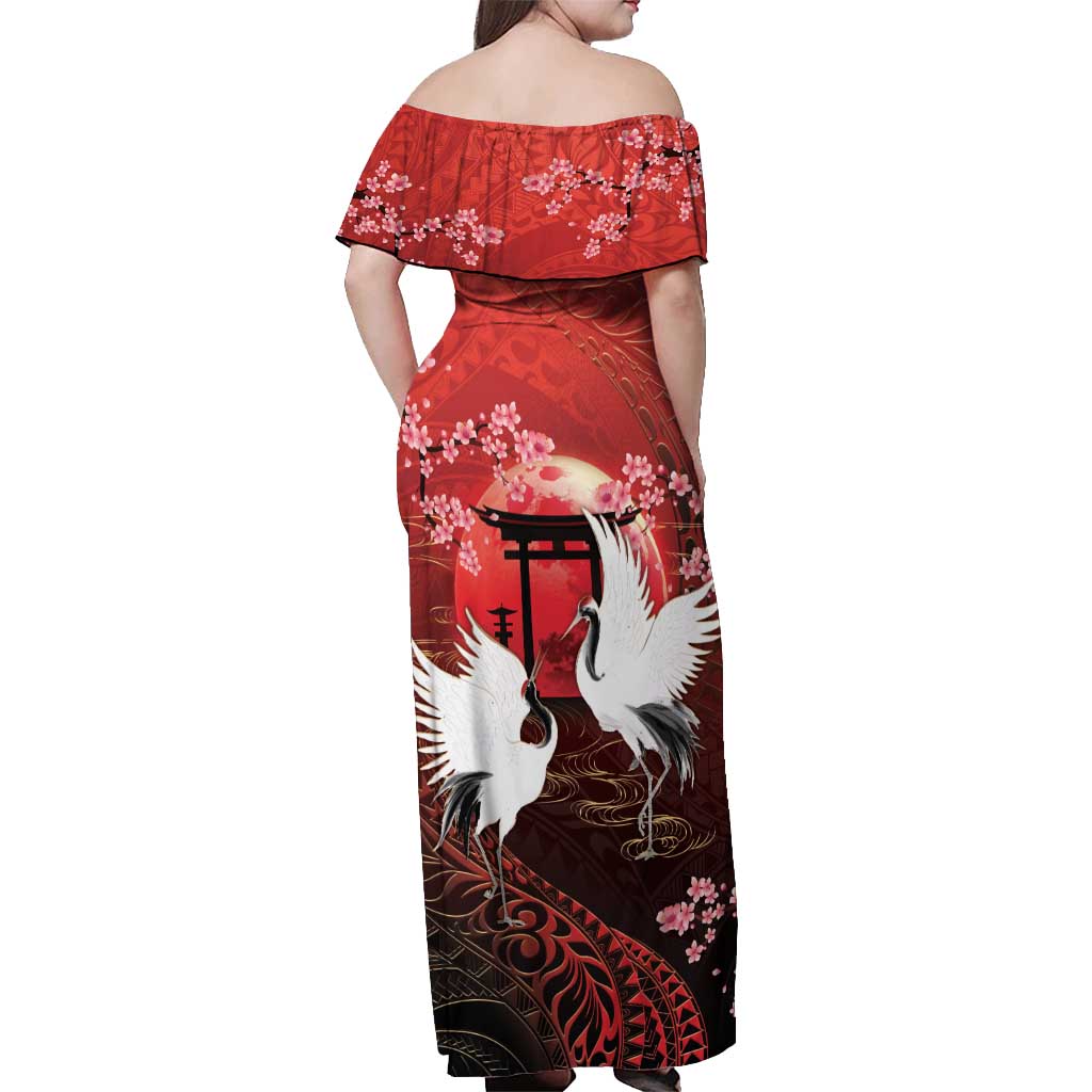 Hawaii and Japan Together Off Shoulder Maxi Dress Polynesian Art Tattoo With Cranes And Sakura - Polynesian Pride