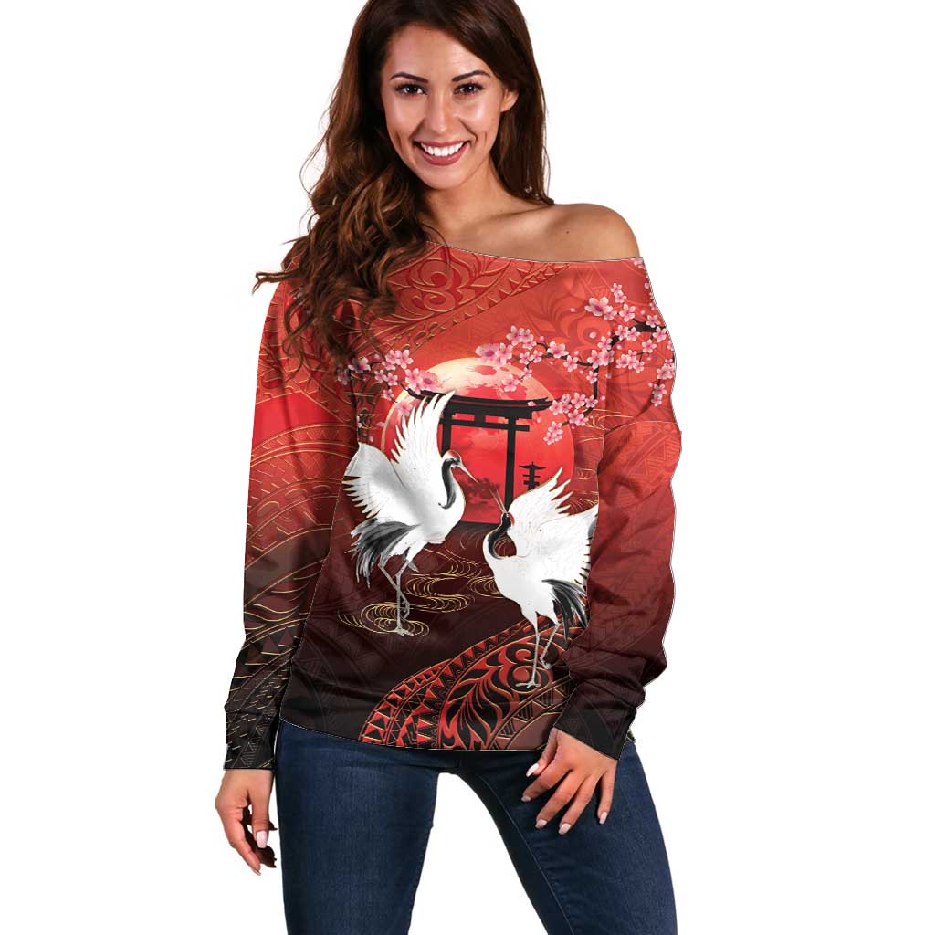 Hawaii and Japan Together Off Shoulder Sweater Polynesian Art Tattoo With Cranes And Sakura - Polynesian Pride