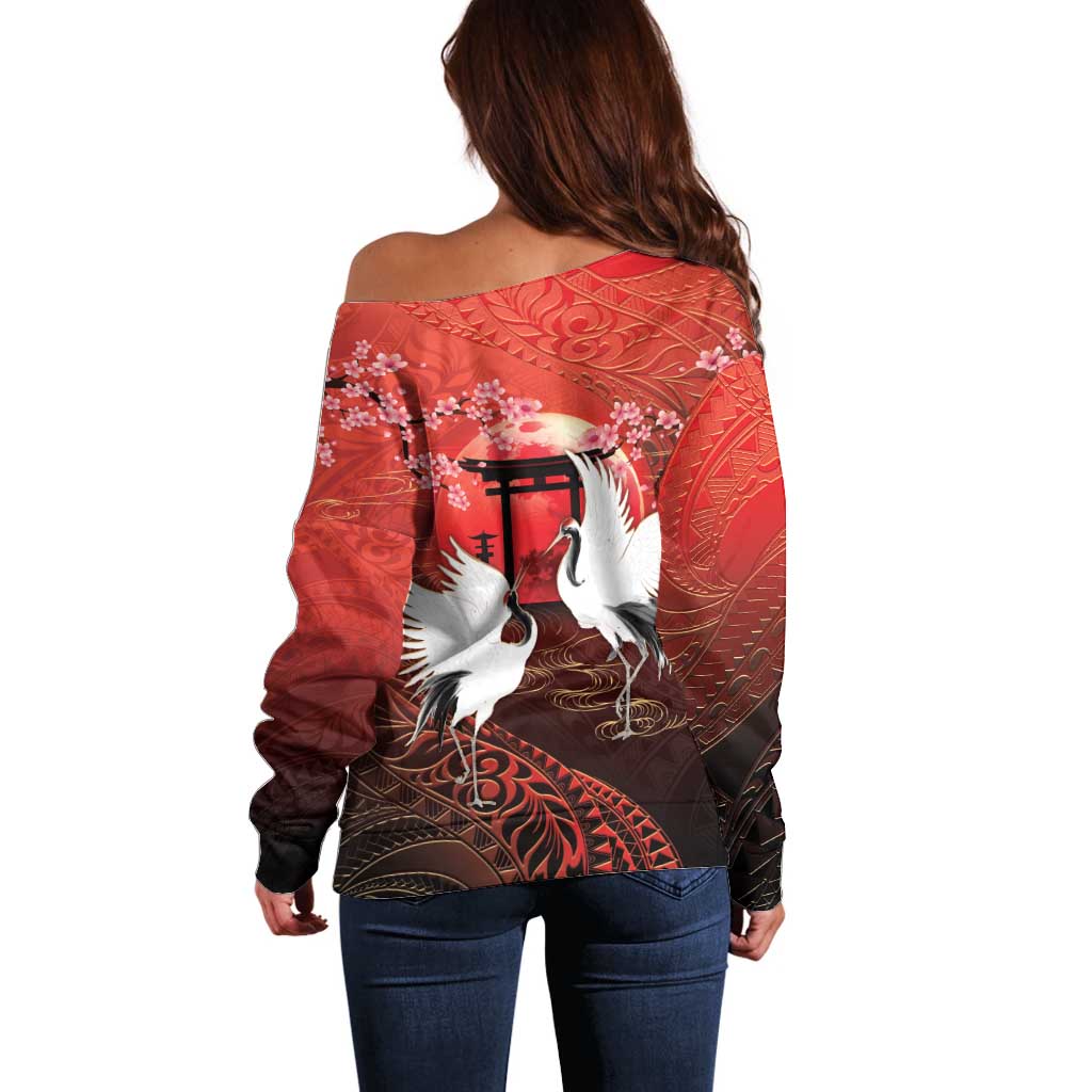 Hawaii and Japan Together Off Shoulder Sweater Polynesian Art Tattoo With Cranes And Sakura - Polynesian Pride