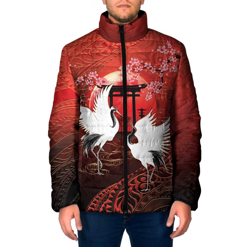 Hawaii and Japan Together Padded Jacket Polynesian Art Tattoo With Cranes And Sakura LT05 Men Red - Polynesian Pride