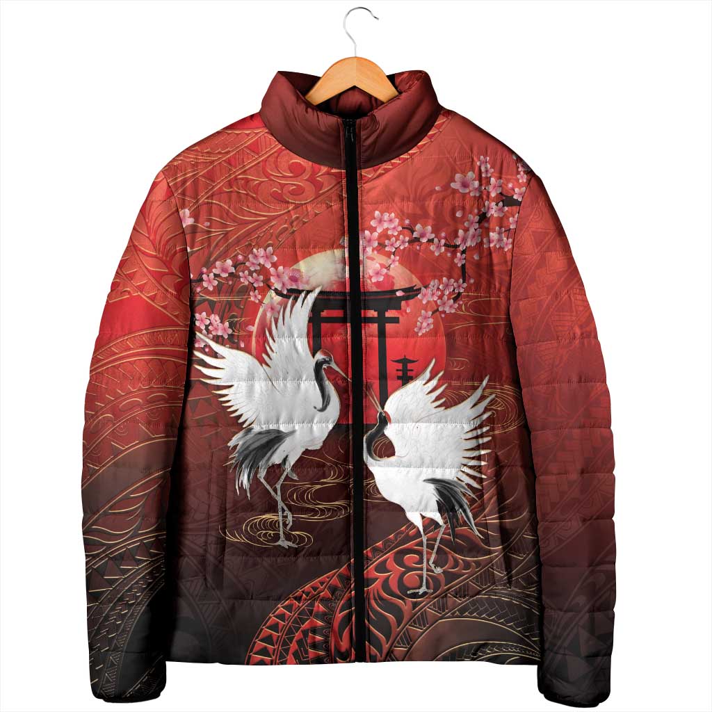 Hawaii and Japan Together Padded Jacket Polynesian Art Tattoo With Cranes And Sakura LT05 - Polynesian Pride