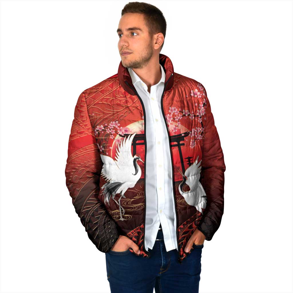 Hawaii and Japan Together Padded Jacket Polynesian Art Tattoo With Cranes And Sakura LT05 - Polynesian Pride