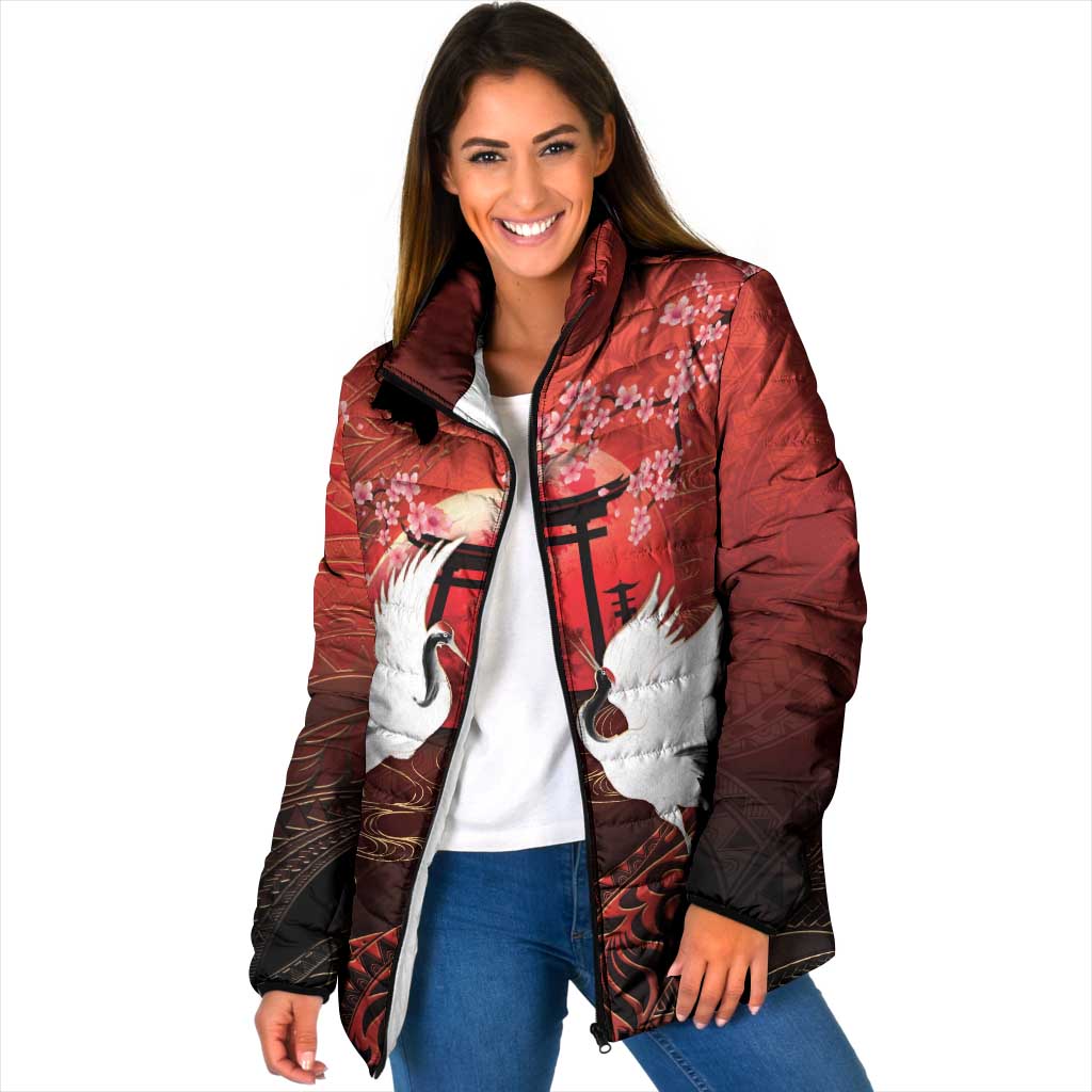 Hawaii and Japan Together Padded Jacket Polynesian Art Tattoo With Cranes And Sakura LT05 Women Red - Polynesian Pride