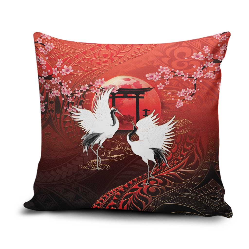 Hawaii and Japan Together Pillow Cover Polynesian Art Tattoo With Cranes And Sakura - Polynesian Pride
