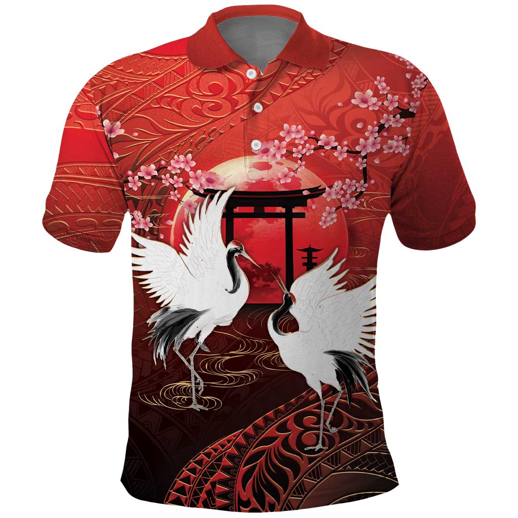 Hawaii and Japan Together Polo Shirt Polynesian Art Tattoo With Cranes And Sakura - Polynesian Pride