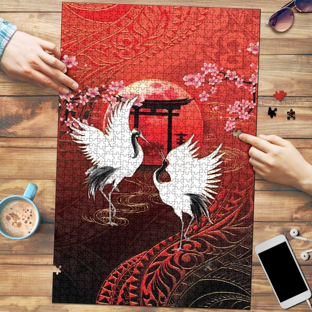 Hawaii and Japan Together Puzzle Polynesian Art Tattoo With Cranes And Sakura LT05 Red - Polynesian Pride