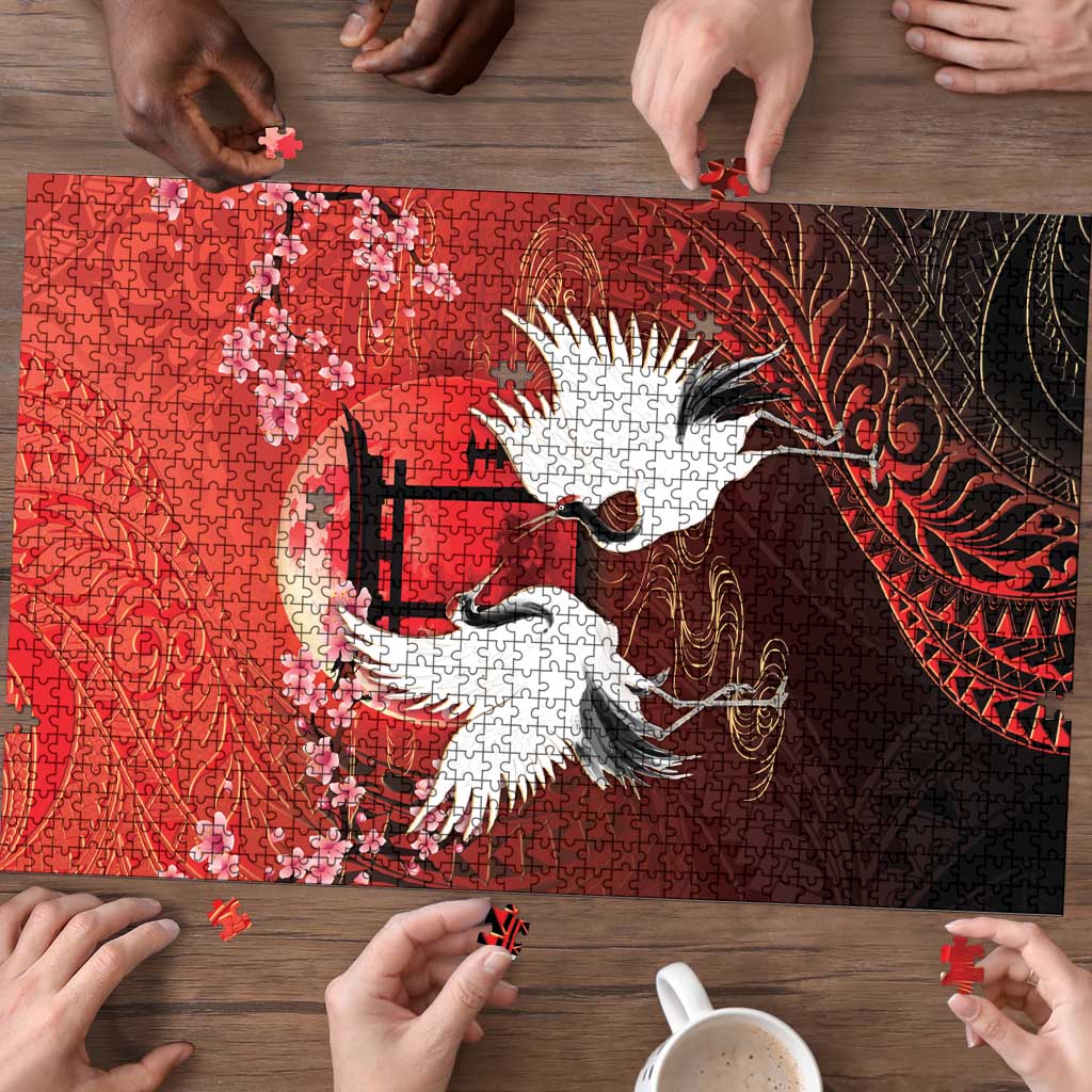 Hawaii and Japan Together Puzzle Polynesian Art Tattoo With Cranes And Sakura LT05 - Polynesian Pride