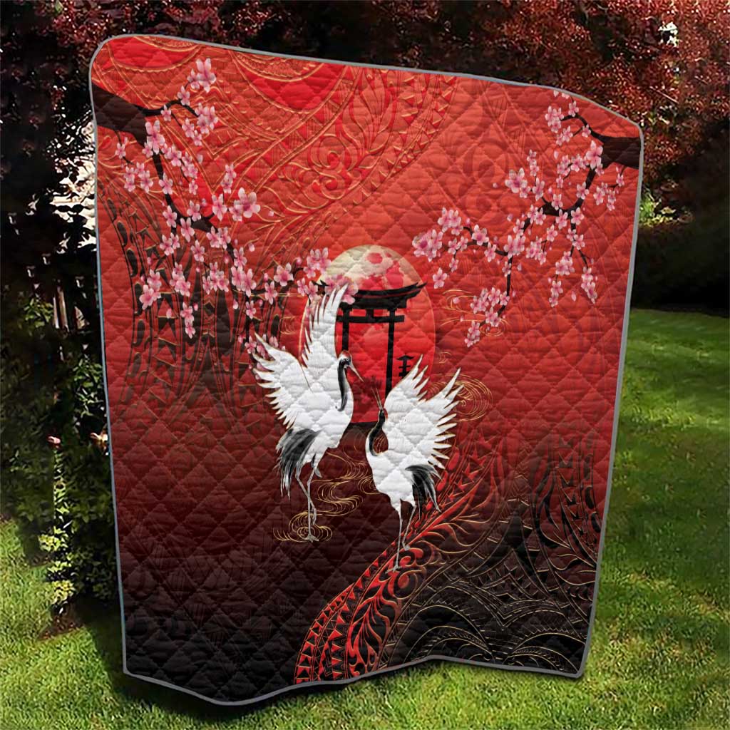 Hawaii and Japan Together Quilt Polynesian Art Tattoo With Cranes And Sakura - Polynesian Pride
