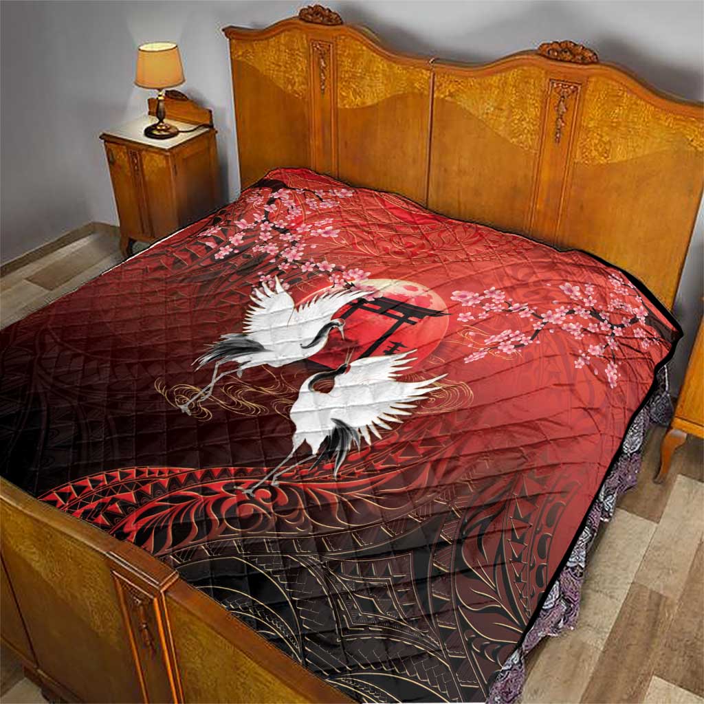 Hawaii and Japan Together Quilt Polynesian Art Tattoo With Cranes And Sakura - Polynesian Pride