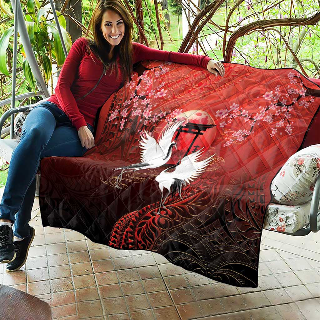 Hawaii and Japan Together Quilt Polynesian Art Tattoo With Cranes And Sakura - Polynesian Pride