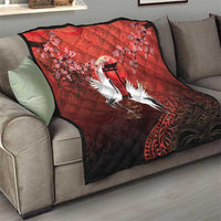 Hawaii and Japan Together Quilt Polynesian Art Tattoo With Cranes And Sakura - Polynesian Pride