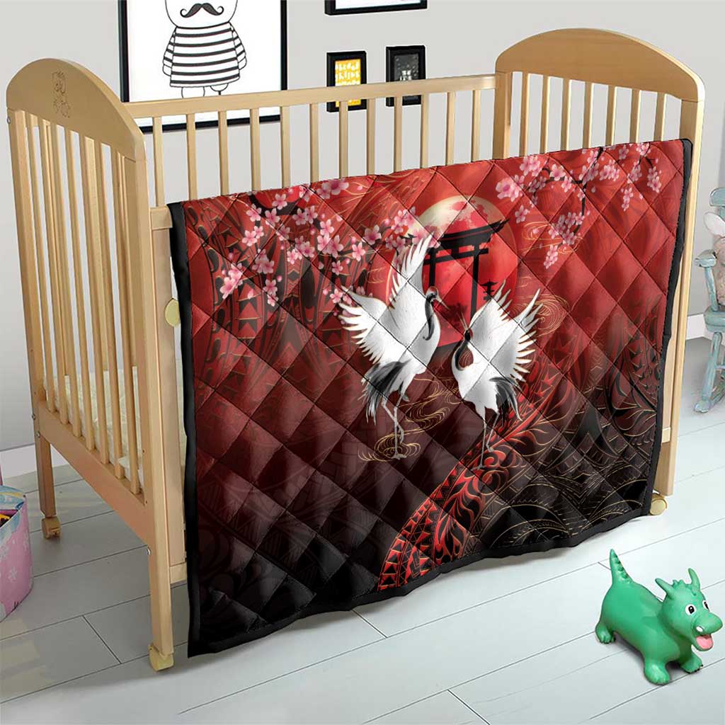Hawaii and Japan Together Quilt Polynesian Art Tattoo With Cranes And Sakura - Polynesian Pride