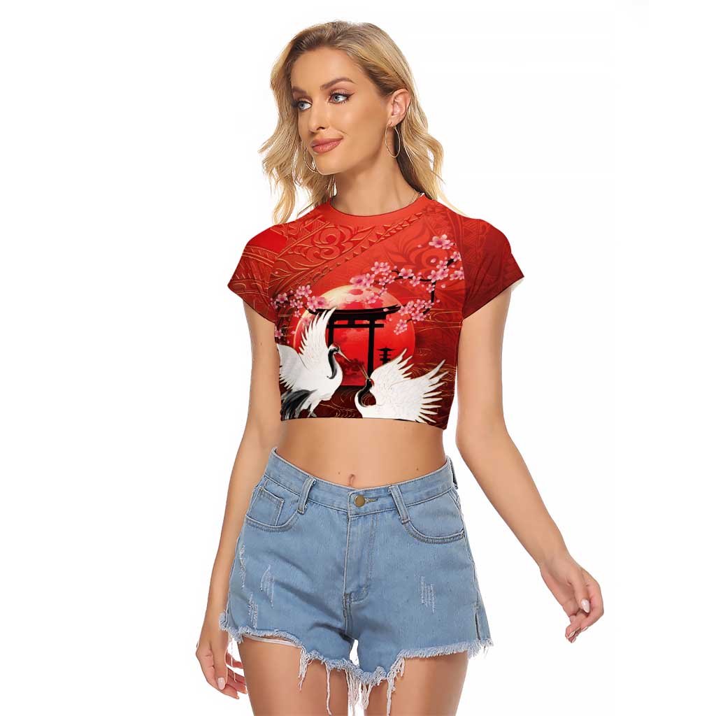 Hawaii and Japan Together Raglan Cropped T Shirt Polynesian Art Tattoo With Cranes And Sakura LT05 Female Red - Polynesian Pride