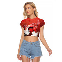 Hawaii and Japan Together Raglan Cropped T Shirt Polynesian Art Tattoo With Cranes And Sakura LT05 Female Red - Polynesian Pride
