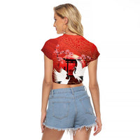 Hawaii and Japan Together Raglan Cropped T Shirt Polynesian Art Tattoo With Cranes And Sakura LT05 - Polynesian Pride