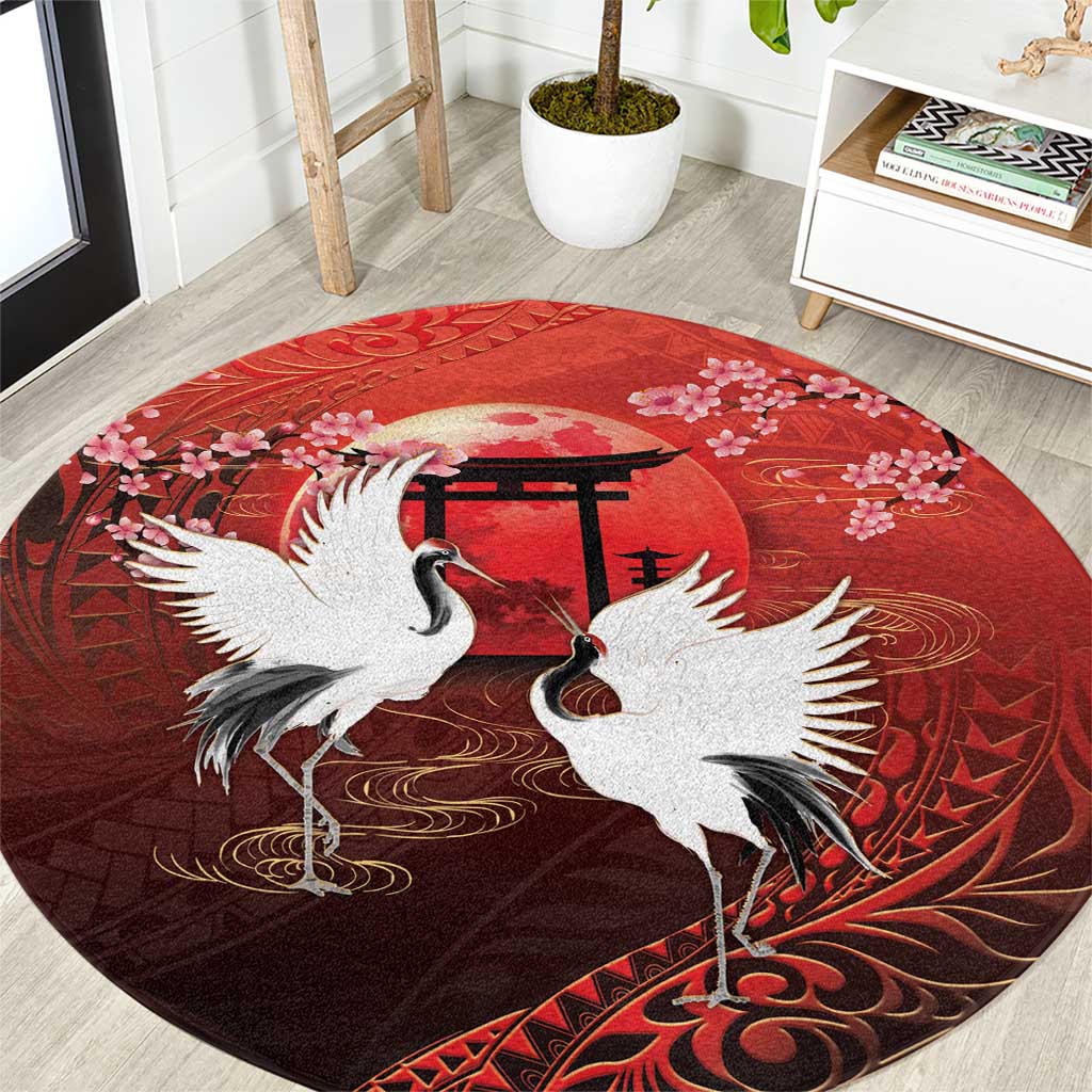 Hawaii and Japan Together Round Carpet Polynesian Art Tattoo With Cranes And Sakura - Polynesian Pride