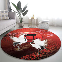 Hawaii and Japan Together Round Carpet Polynesian Art Tattoo With Cranes And Sakura - Polynesian Pride