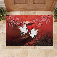 Hawaii and Japan Together Rubber Doormat Polynesian Art Tattoo With Cranes And Sakura LT05 Red - Polynesian Pride