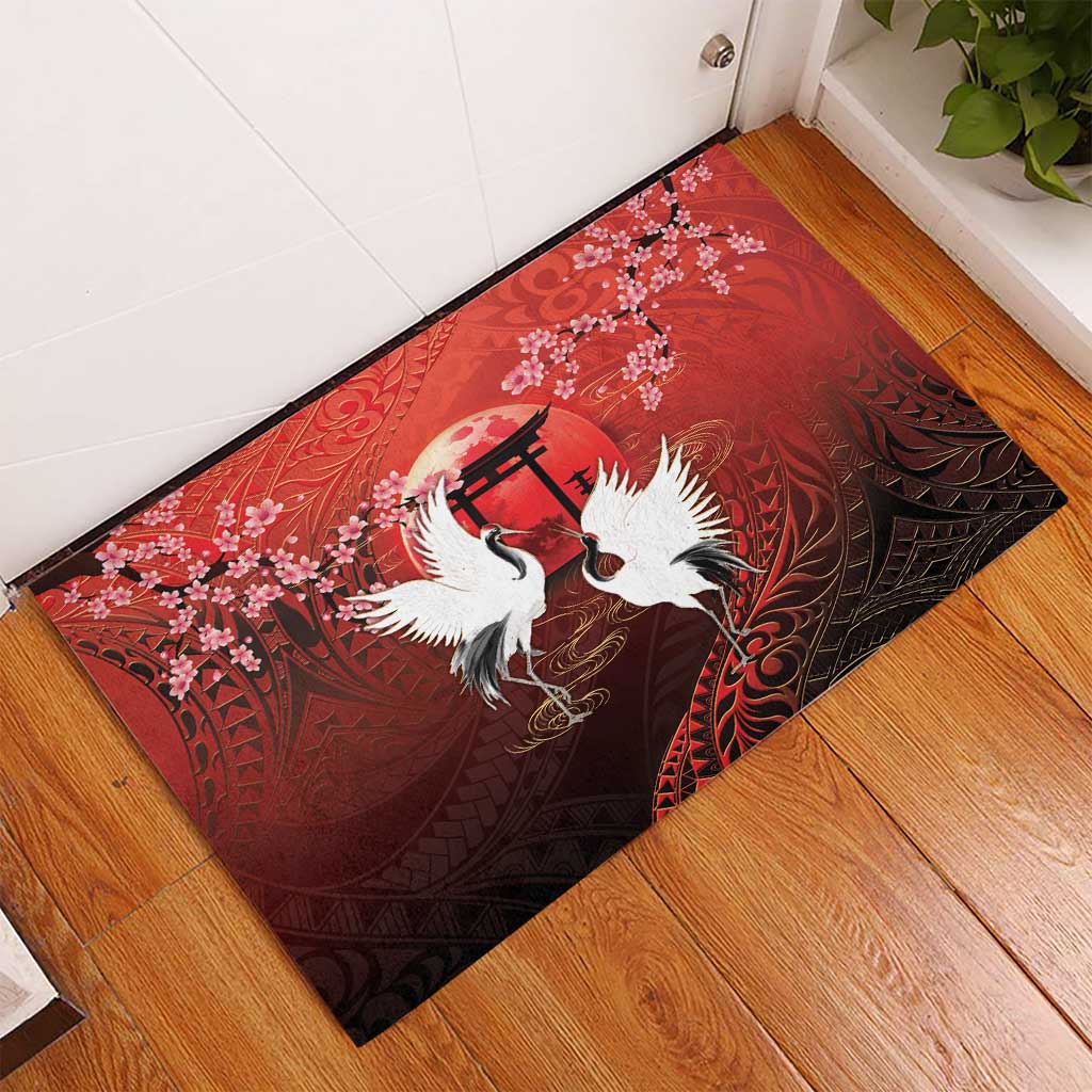 Hawaii and Japan Together Rubber Doormat Polynesian Art Tattoo With Cranes And Sakura LT05 - Polynesian Pride