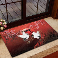 Hawaii and Japan Together Rubber Doormat Polynesian Art Tattoo With Cranes And Sakura LT05 - Polynesian Pride