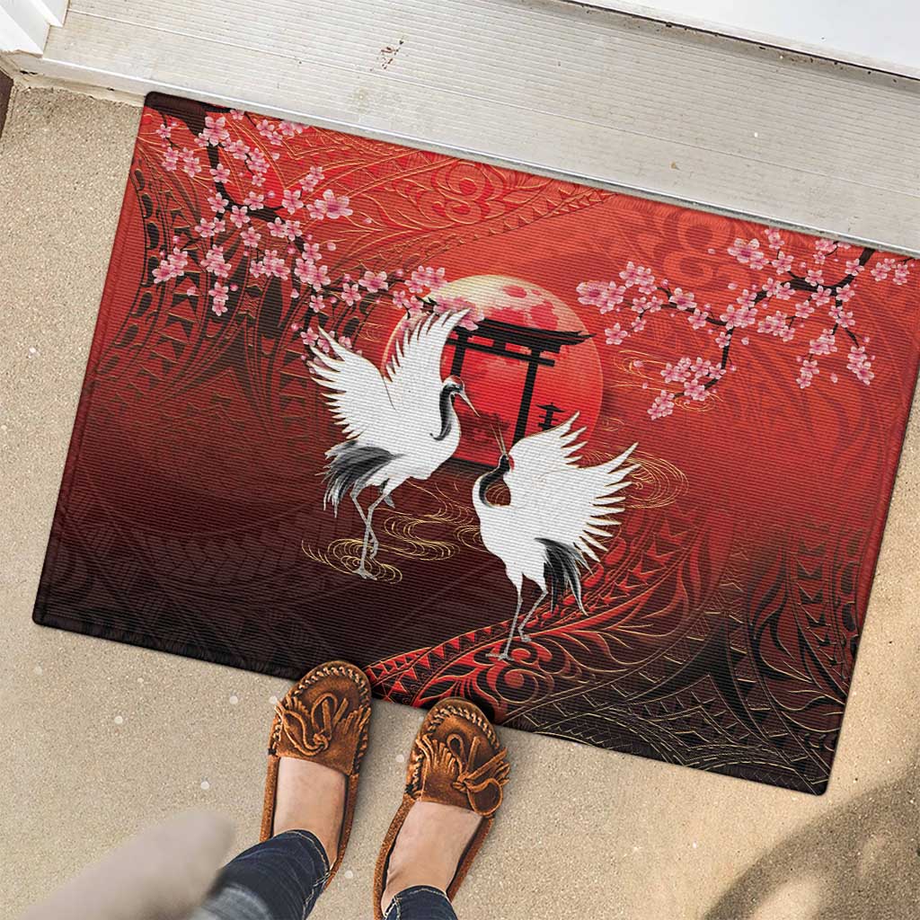 Hawaii and Japan Together Rubber Doormat Polynesian Art Tattoo With Cranes And Sakura LT05 - Polynesian Pride