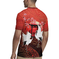 Hawaii and Japan Together Rugby Jersey Polynesian Art Tattoo With Cranes And Sakura - Polynesian Pride