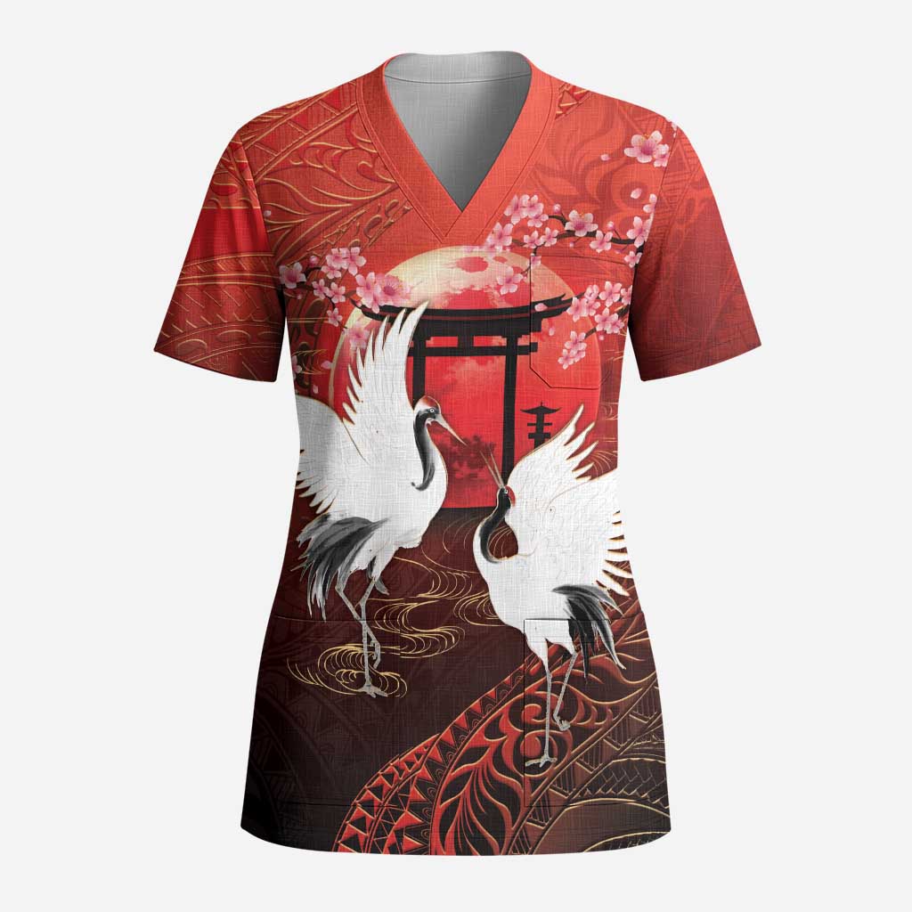 Hawaii and Japan Together Scrub Top Polynesian Art Tattoo With Cranes And Sakura LT05 Adult Red - Polynesian Pride
