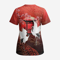 Hawaii and Japan Together Scrub Top Polynesian Art Tattoo With Cranes And Sakura LT05 - Polynesian Pride