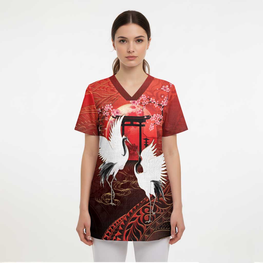 Hawaii and Japan Together Scrub Top Polynesian Art Tattoo With Cranes And Sakura LT05 - Polynesian Pride