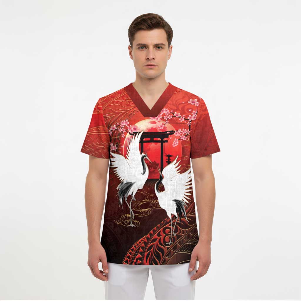 Hawaii and Japan Together Scrub Top Polynesian Art Tattoo With Cranes And Sakura LT05 - Polynesian Pride