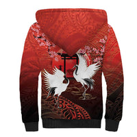 Hawaii and Japan Together Sherpa Hoodie Polynesian Art Tattoo With Cranes And Sakura - Polynesian Pride