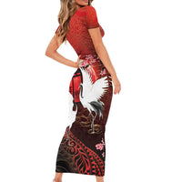 Hawaii and Japan Together Short Sleeve Bodycon Dress Polynesian Art Tattoo With Cranes And Sakura - Polynesian Pride