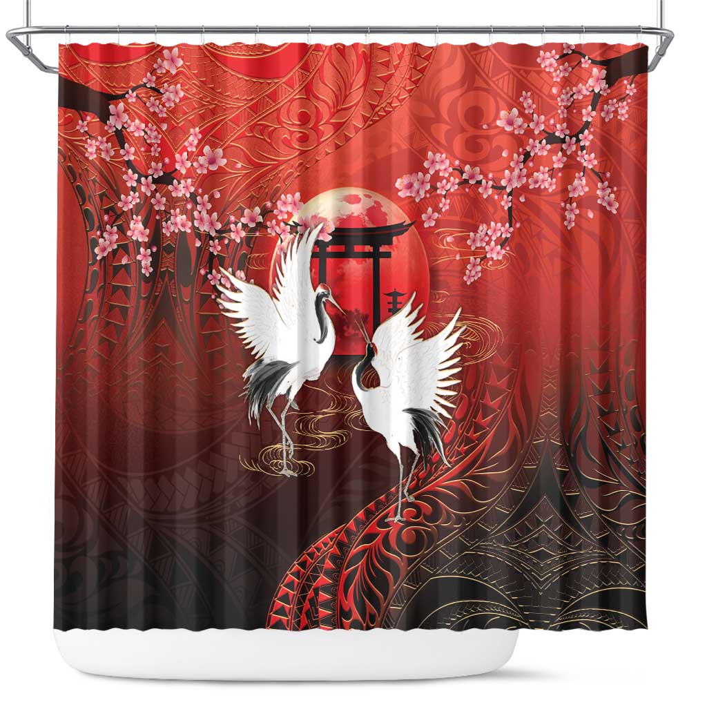 Hawaii and Japan Together Shower Curtain Polynesian Art Tattoo With Cranes And Sakura - Polynesian Pride