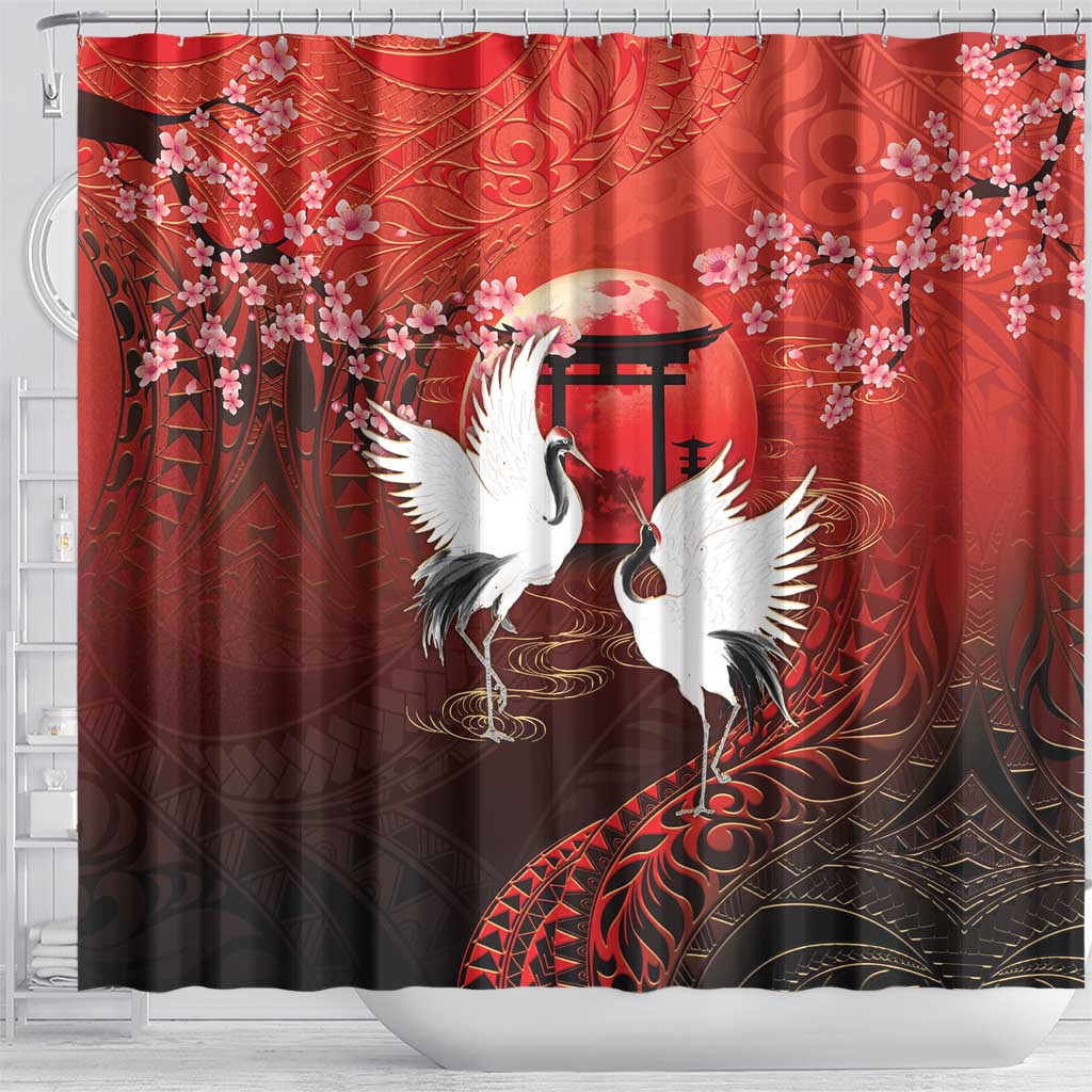 Hawaii and Japan Together Shower Curtain Polynesian Art Tattoo With Cranes And Sakura - Polynesian Pride