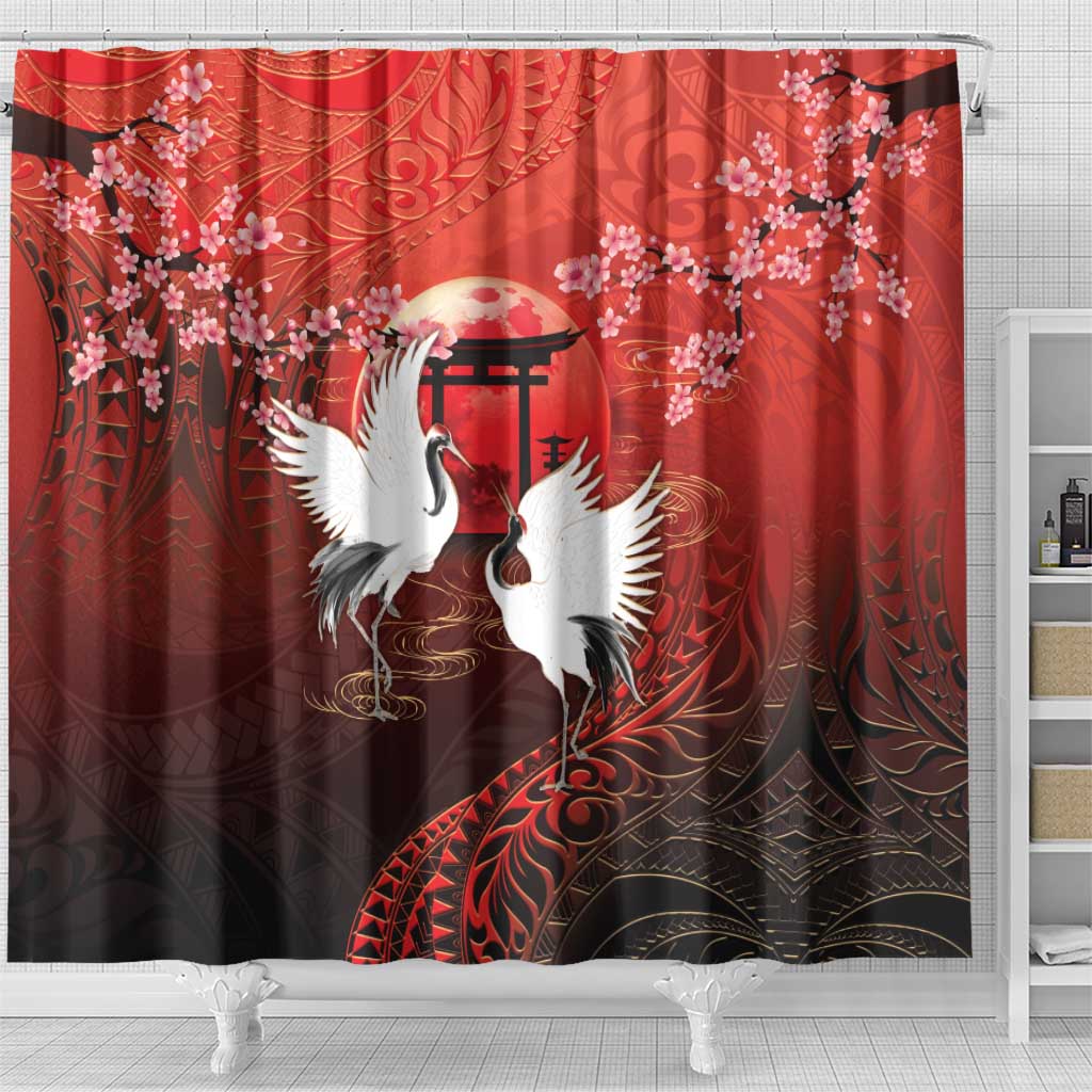 Hawaii and Japan Together Shower Curtain Polynesian Art Tattoo With Cranes And Sakura - Polynesian Pride