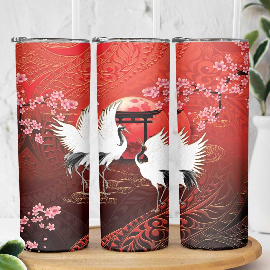Hawaii and Japan Together Skinny Tumbler Polynesian Art Tattoo With Cranes And Sakura - Polynesian Pride