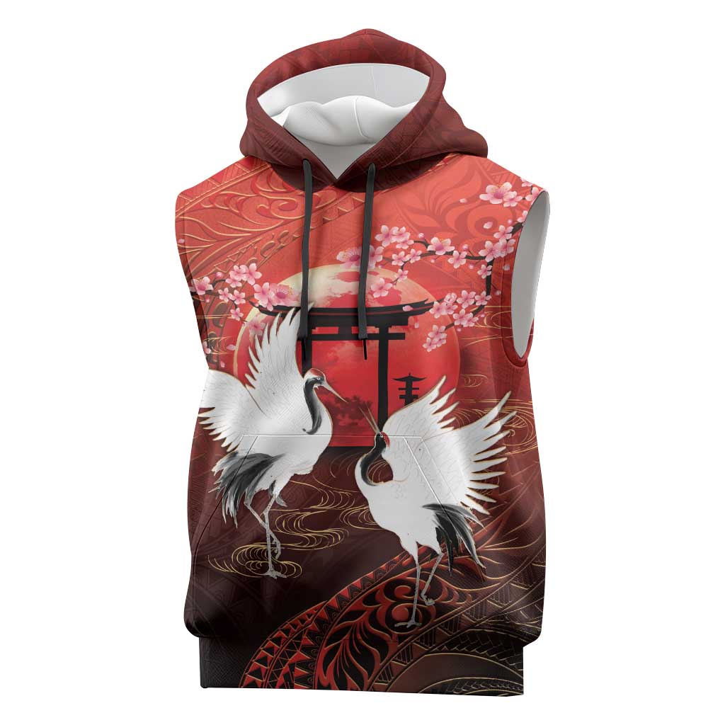 Hawaii and Japan Together Sleeveless Hoodie Polynesian Art Tattoo With Cranes And Sakura LT05 Red - Polynesian Pride