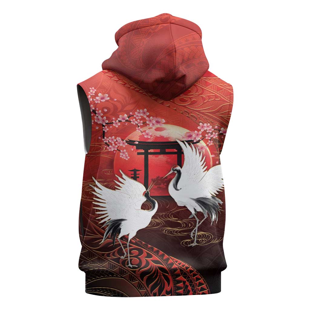 Hawaii and Japan Together Sleeveless Hoodie Polynesian Art Tattoo With Cranes And Sakura LT05 - Polynesian Pride