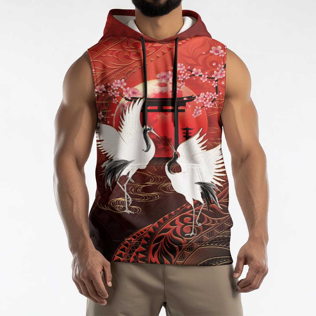 Hawaii and Japan Together Sleeveless Hoodie Polynesian Art Tattoo With Cranes And Sakura LT05 - Polynesian Pride