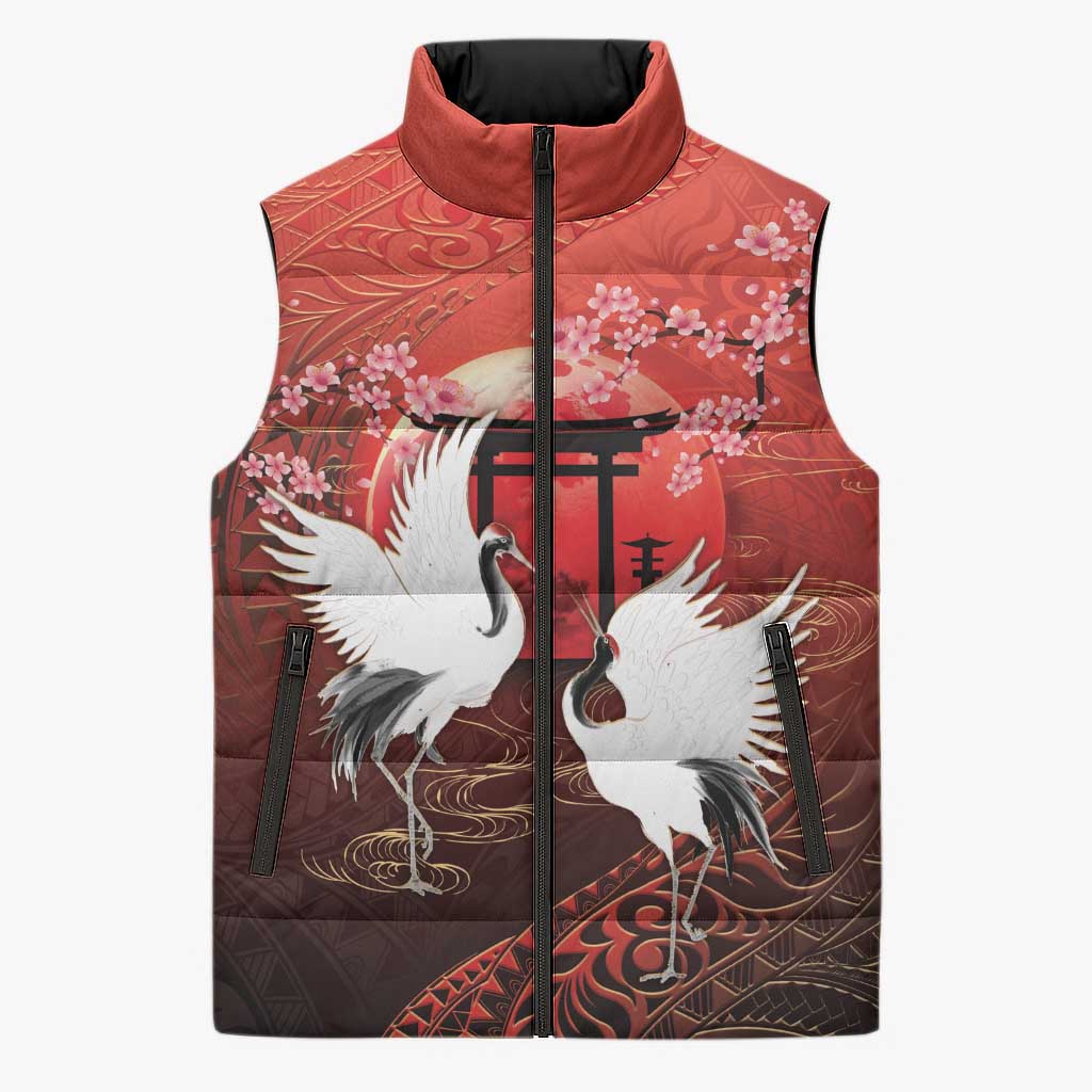 Hawaii and Japan Together Sleeveless Puffer Jacket Polynesian Art Tattoo With Cranes And Sakura LT05 Unisex Red - Polynesian Pride