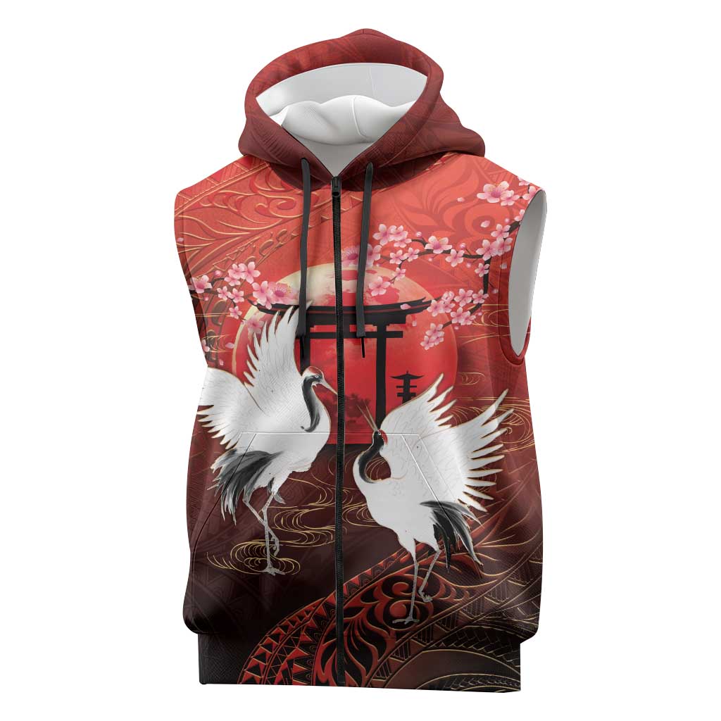 Hawaii and Japan Together Sleeveless Zip Hoodie Polynesian Art Tattoo With Cranes And Sakura LT05 Red - Polynesian Pride