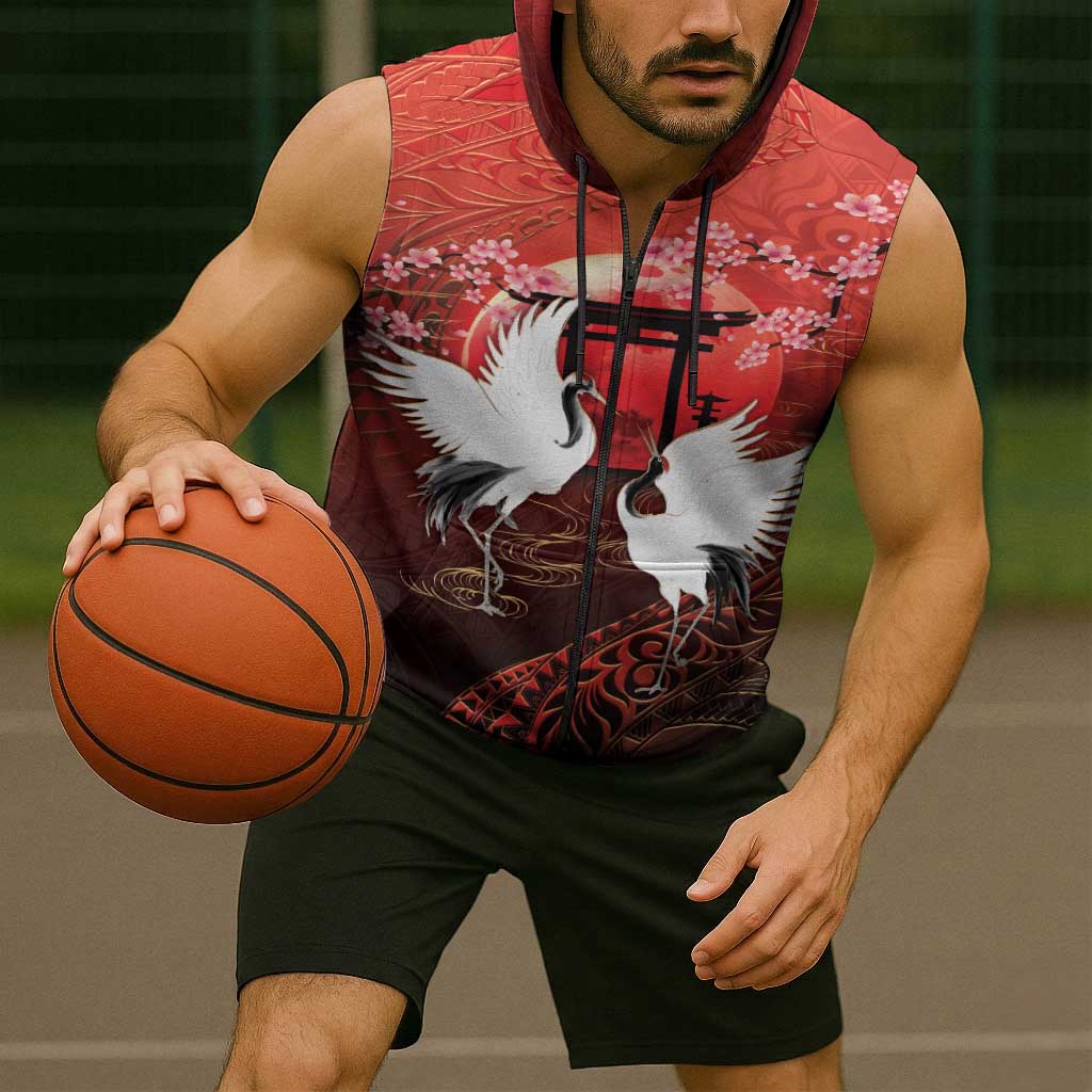 Hawaii and Japan Together Sleeveless Zip Hoodie Polynesian Art Tattoo With Cranes And Sakura LT05 - Polynesian Pride