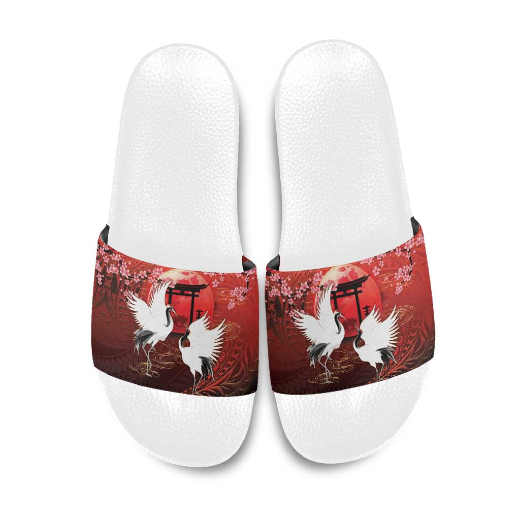 Hawaii and Japan Together Slide Sandals Polynesian Art Tattoo With Cranes And Sakura - Polynesian Pride