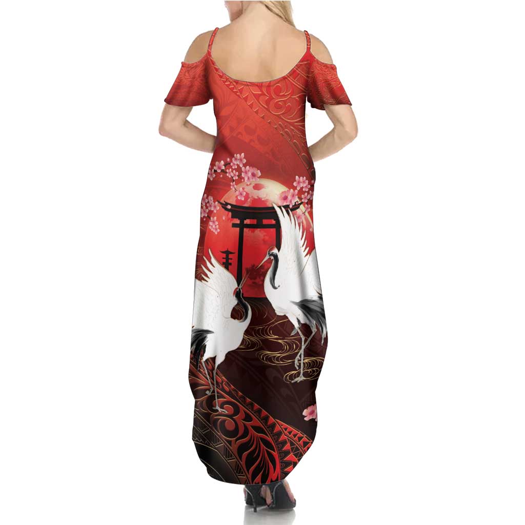 Hawaii and Japan Together Summer Maxi Dress Polynesian Art Tattoo With Cranes And Sakura - Polynesian Pride