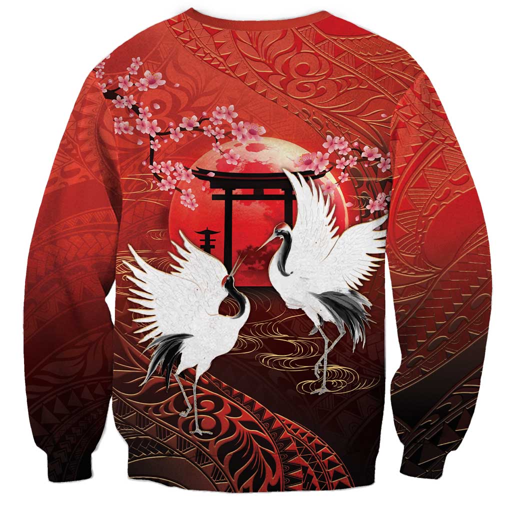 Hawaii and Japan Together Sweatshirt Polynesian Art Tattoo With Cranes And Sakura LT05 - Polynesian Pride