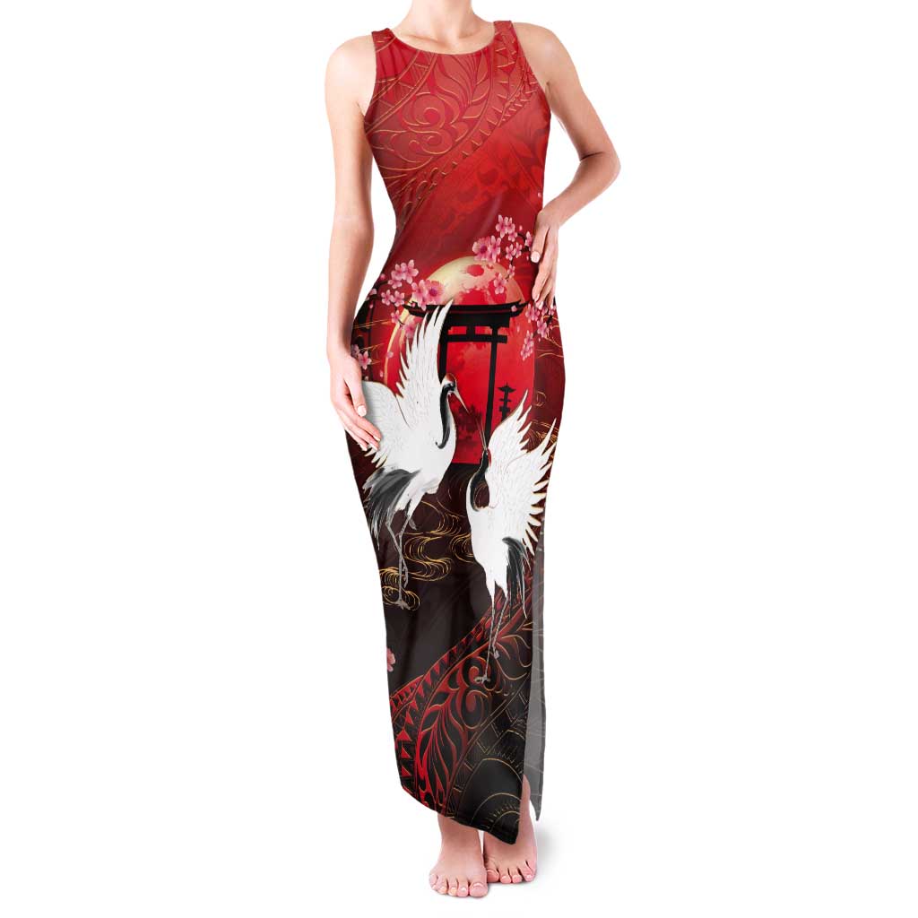 Hawaii and Japan Together Tank Maxi Dress Polynesian Art Tattoo With Cranes And Sakura - Polynesian Pride