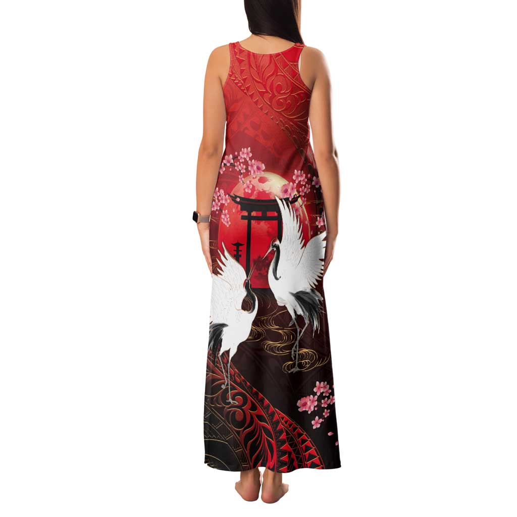 Hawaii and Japan Together Tank Maxi Dress Polynesian Art Tattoo With Cranes And Sakura - Polynesian Pride