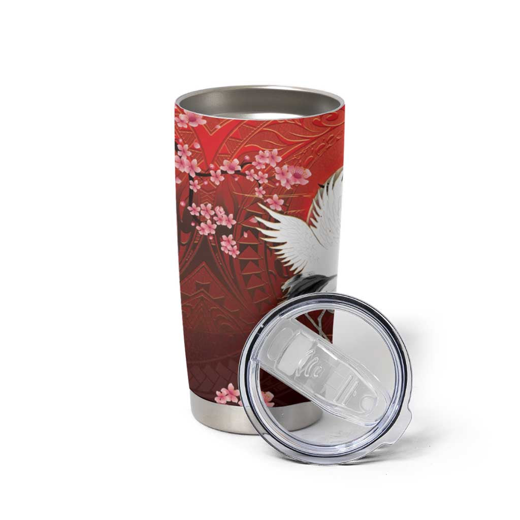 Hawaii and Japan Together Tumbler Cup Polynesian Art Tattoo With Cranes And Sakura - Polynesian Pride