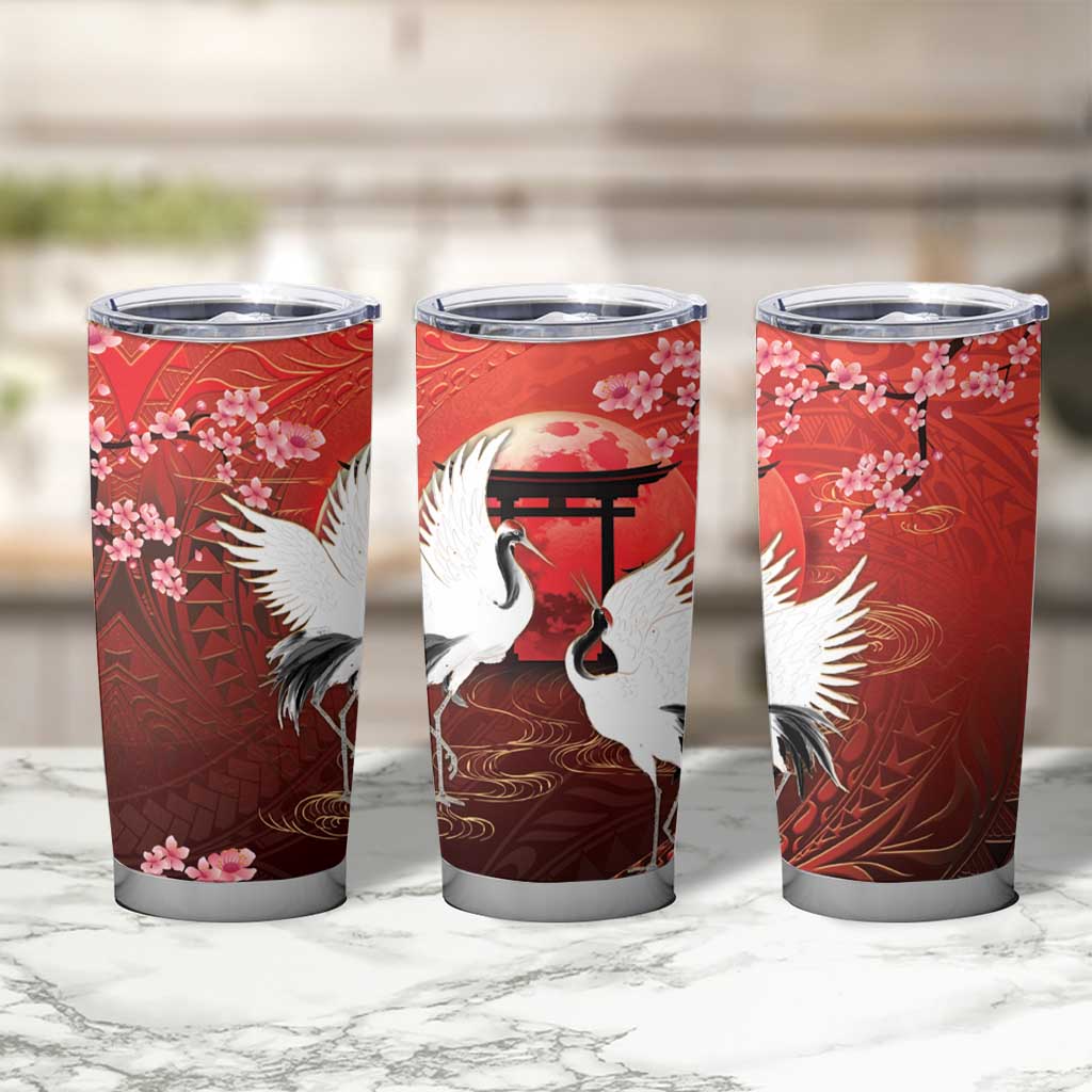 Hawaii and Japan Together Tumbler Cup Polynesian Art Tattoo With Cranes And Sakura - Polynesian Pride