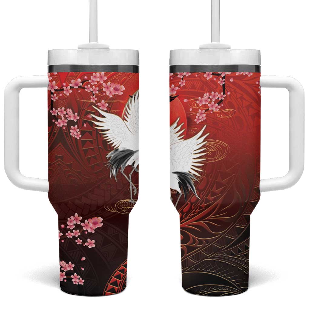 Hawaii and Japan Together Tumbler With Handle Polynesian Art Tattoo With Cranes And Sakura - Polynesian Pride